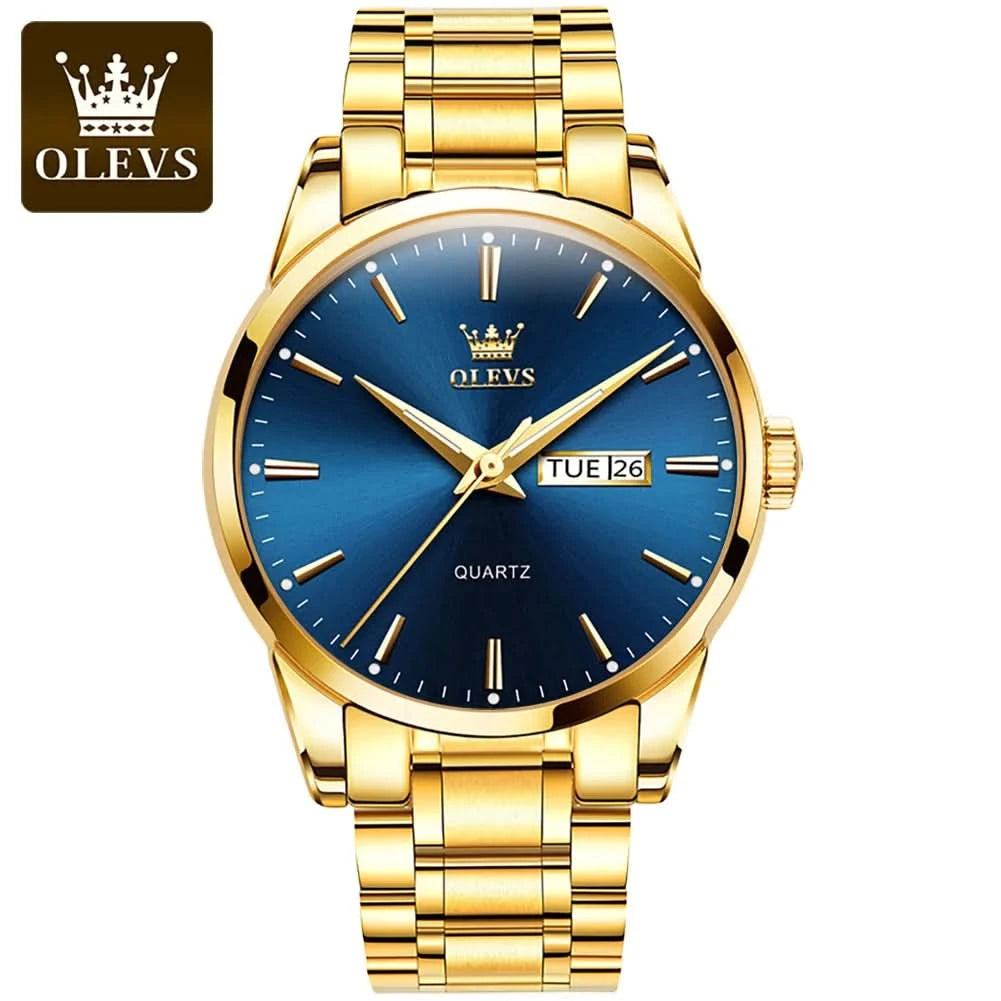 OLEVS Men Watches Waterproof Stainless Steel Quartz Male Wristwatch Gold Watch Fashion Luminous Luxury Calendar Business Clock - M & M Global