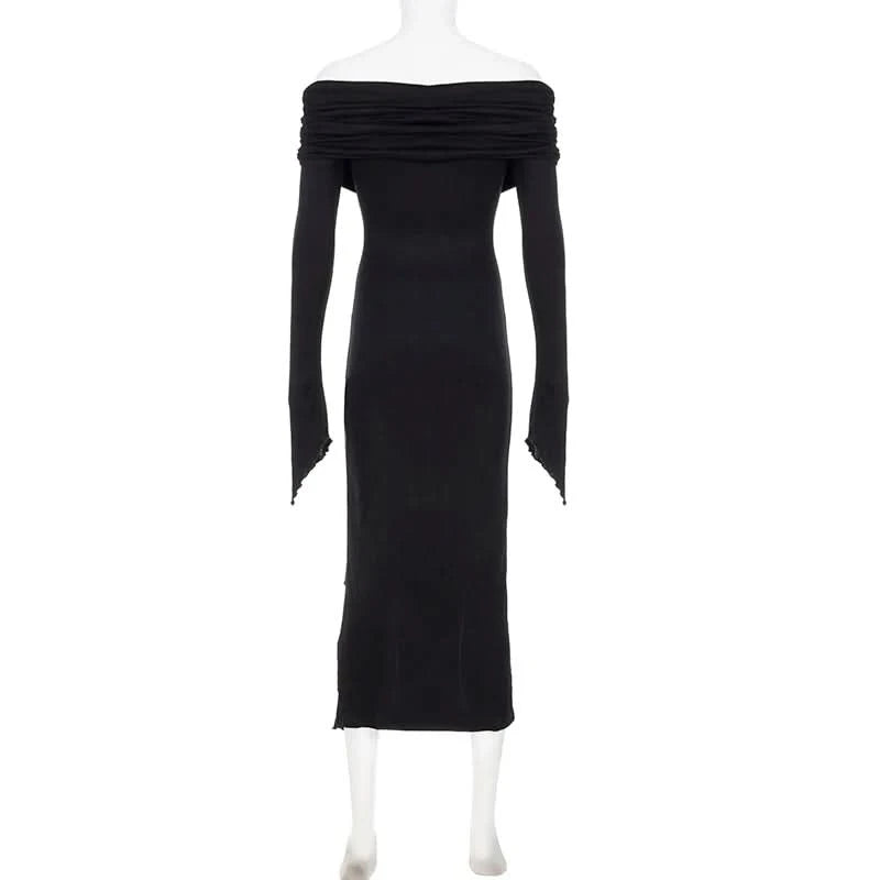 IAMSURE Elegant Fashion Dark Ruffles Split Long Dress Gothic Slash Neck Long Sleeve Maxi Dresses For Women 2023 Holiday Beach - M & M Global