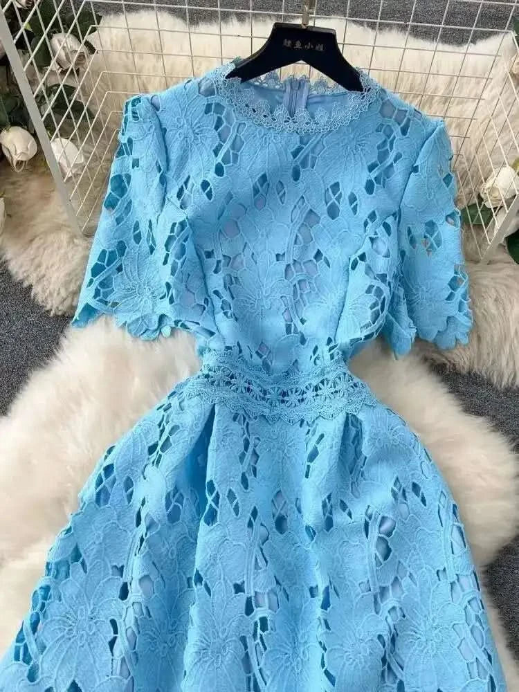 Elegant Flower Embroidery Lace Hollow Out Midi Dresses Women's 2025 Summer O Neck Short Sleeve Casual Long Dress Party Vestidos - M & M Global