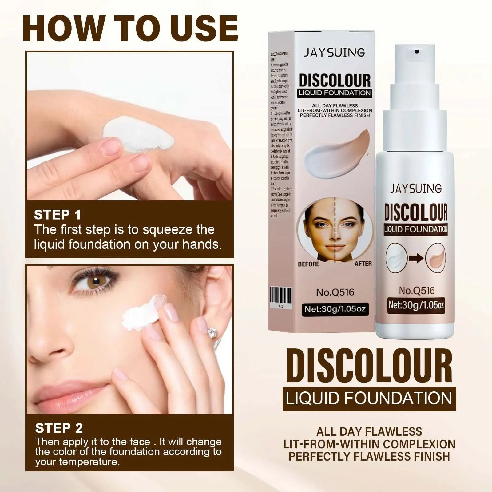 Jaysuing Liquid Foundation Temperature Color Changing Waterproof No Creasing Long-lasting Moisturizing No Separation Makeup - M & M Global