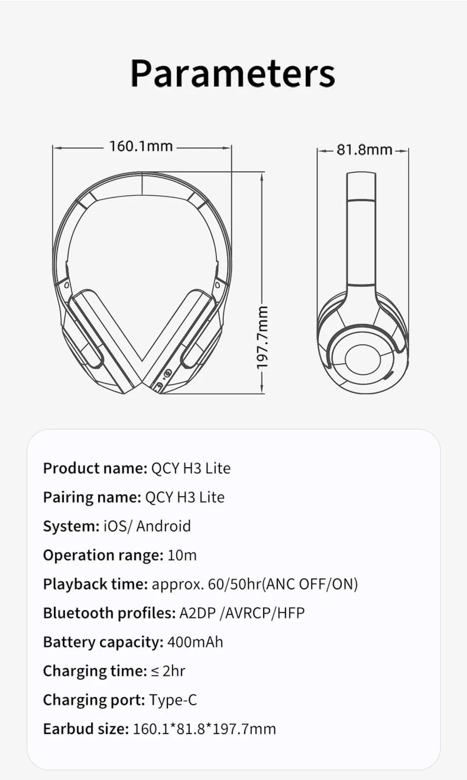QCY H3 Lite ANC Wireless Headphones Bluetooth 5.3 Active Noise Cancelling Over Ear Headset 40mm Driver HiFi Sound Earphones