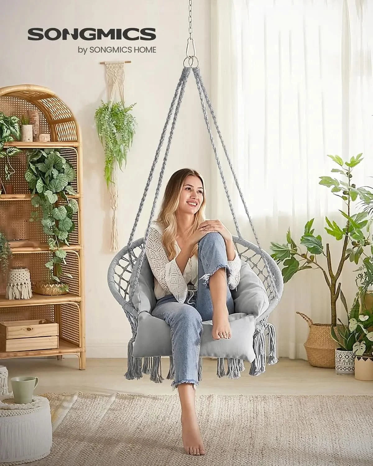 Hanging Chair. Hammock Chair with Thick Cushion. Boho Swing. Holds 264 lb. Accessories Included. Dove Gray. UGDC042G11.