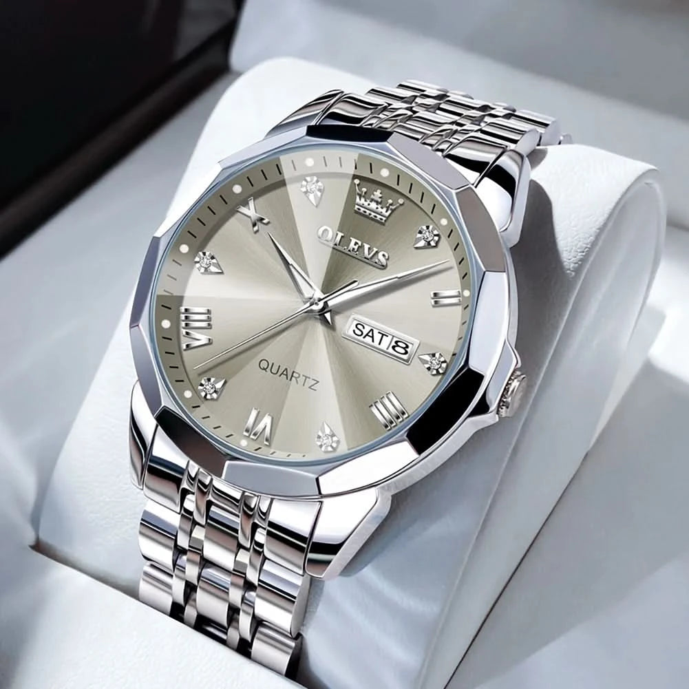 OLEVS Men's Watches Causal Fashion Original Quartz Watch for Man Waterproof Stainless Steel Luminous Date Week Trend Dress Reloj - M & M Global