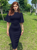 New 2026 Crew Neck Half Sleeve Hips-Wrapped Slim Fit Party Women Midi Dress Autumn Official Dresses For Ladies