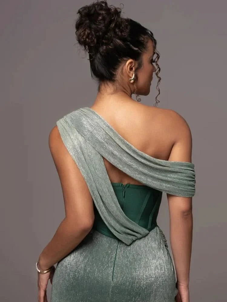 Sexy One Shoulder Draped Glitter Long Dress Women Brown Corset Sparkly Backless Bodycon Maxi Dresses Evening Party Gowns - M & M Global