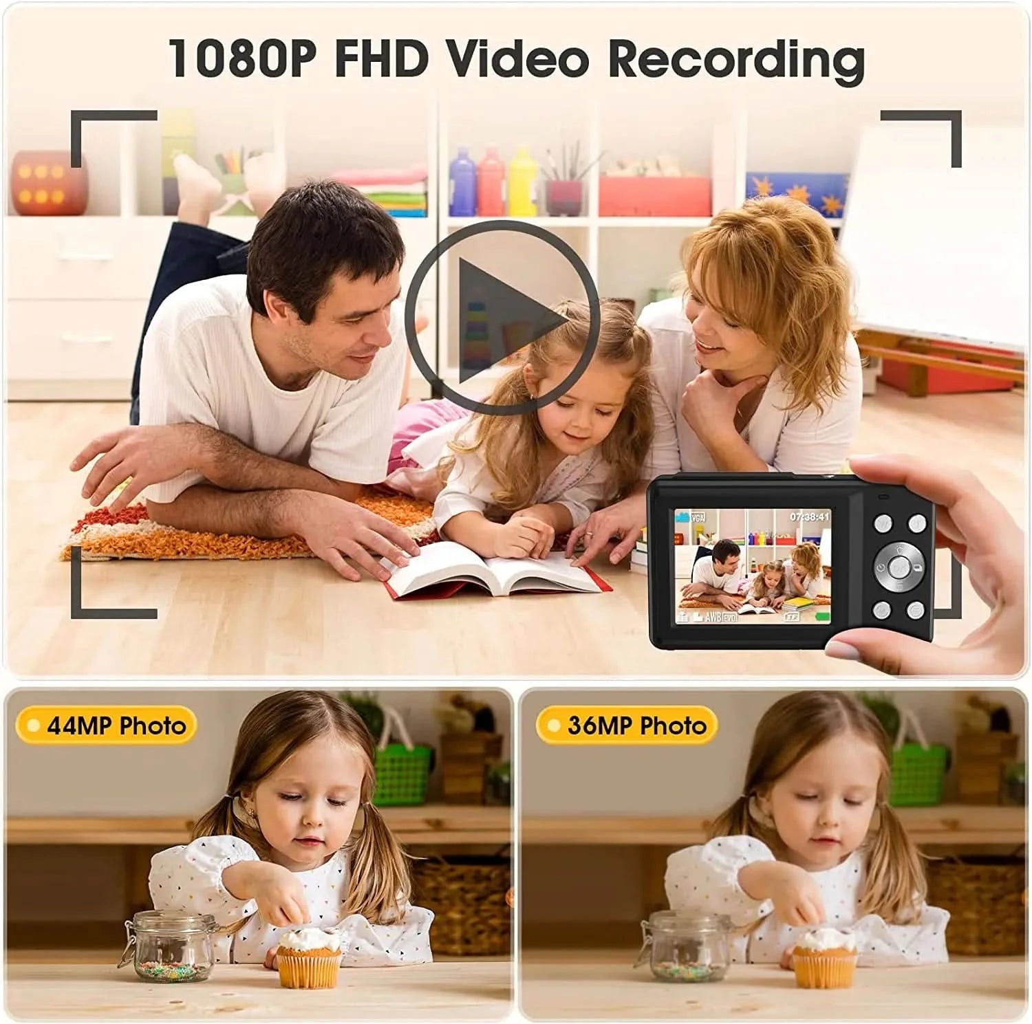 HD 1080P 2.4 inch digital Camera Rechargeable Cameras with 16x Zoom Compact Camera 44MP Cameras for kids Beginner Camera - M & M Global