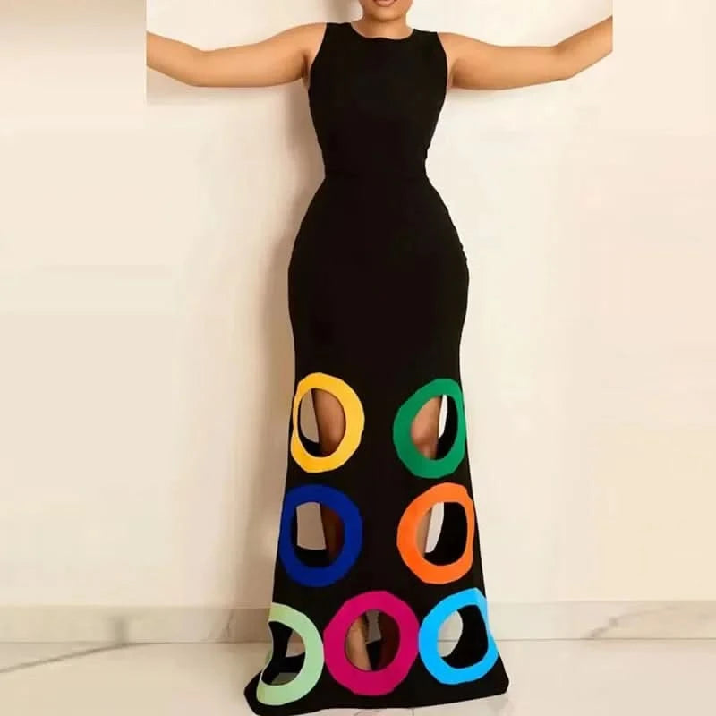 Summer Black Slim Hollow Sexy Party Vacation Long Dress Women's  Elegant Casual Sleeveless Sundress New High Waist Evening Dress - M & M Global