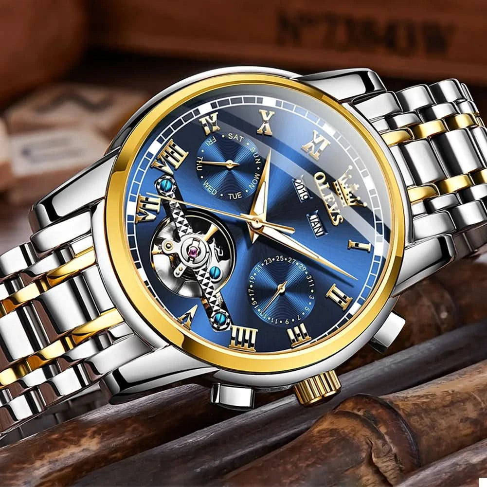 OLEVS Men's Watches Automatic Mechanical Business Wristwatch Waterproof Stainless Steel Strap Watch for Man Skeleton Calendar - M & M Global