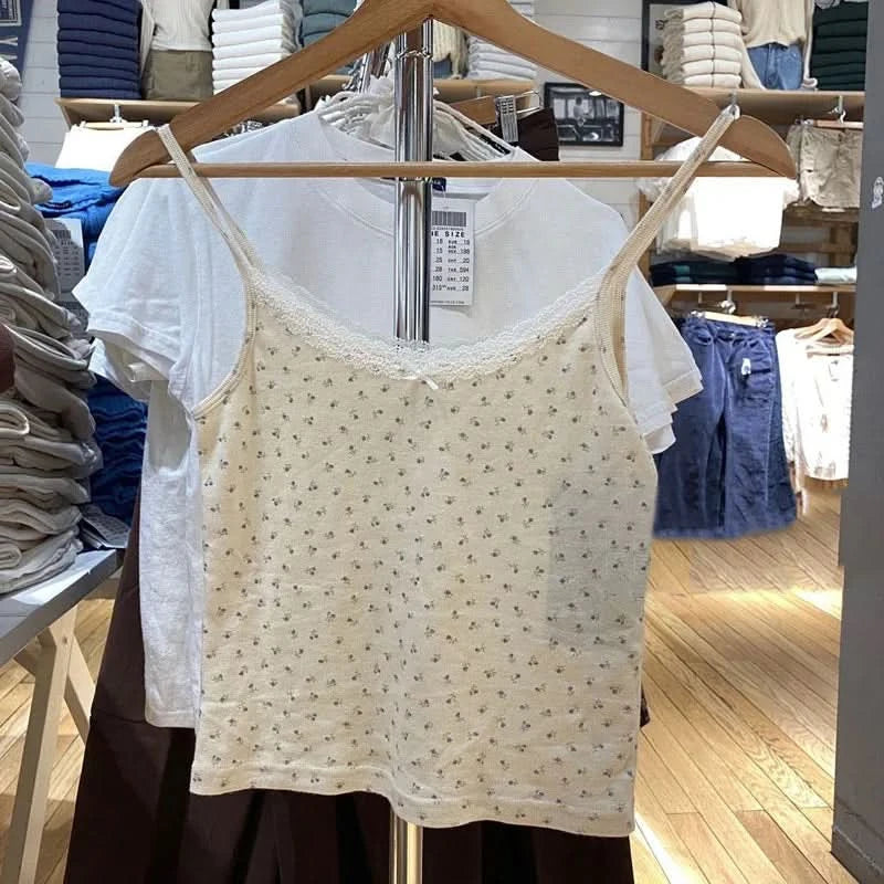 Y2K Sweet Girl Knitted Cotton Lace Sleeveless Top 2024 New Summer Fashion Ladies Slim Camis Vest Hot Chic Women Casual Tops - M & M Global