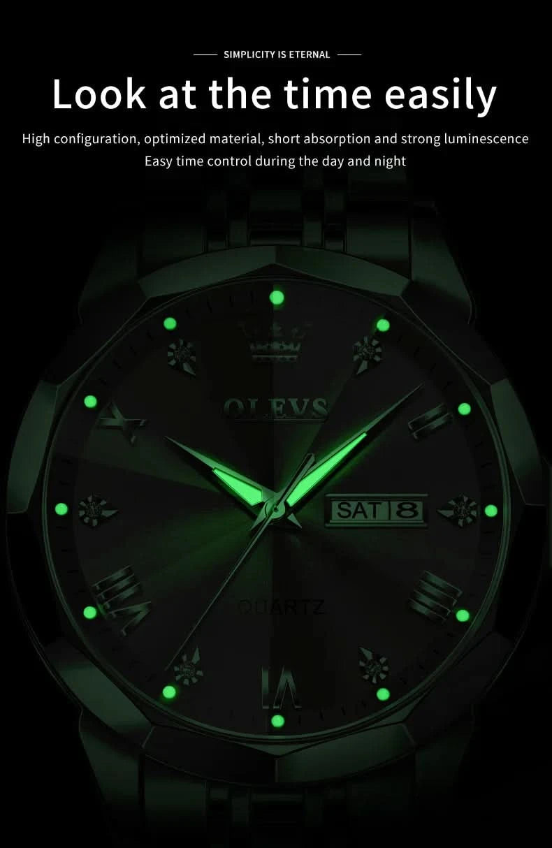 OLEVS Men's Watches Causal Fashion Original Quartz Watch for Man Waterproof Stainless Steel Luminous Date Week Trend Dress Reloj - M & M Global