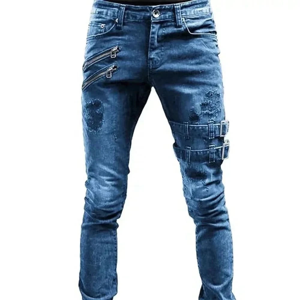 Retro Moto Biker Straight Elastic Jeans Men Zipper Hole Streetwear Punk Skinny Denim Cargo Pants Pantalones Hombre Y2K Clothing - M & M Global