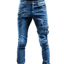 Retro Moto Biker Straight Elastic Jeans Men Zipper Hole Streetwear Punk Skinny Denim Cargo Pants Pantalones Hombre Y2K Clothing - M & M Global