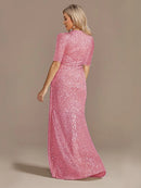 Luxury Pink Floor Length V-Neck Evening Dress 2025 Women Elegant Party Maxi Dress Sequin Short Sleeves Prom Cocktail Gowns