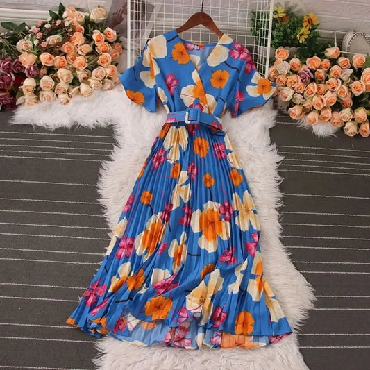 Women Dress Fashion Vintage Ins Bandage Slim Waist A-line Long Dress Vacation Beach Summer Outfits Lady Robe Femme - M & M Global