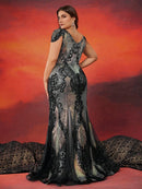 Plus Size Luxury Cap Sleeves V-back Sequins Formal Evening Dresses 2026 Elegant Mermaid Wedding Party Cocktail Family Gowns