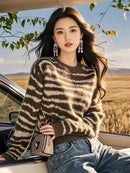 Autumn and Winter Pullover Round Neck Long-sleeved Striped Sweater for Women Retro Versatile Fashionable Casual Top