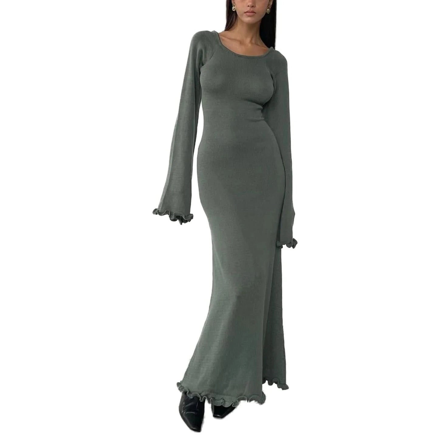 Women's Autumn Winter Knitted Bodycon Dress Long Sleeve Tie Backless Round Neck Solid Color Ruffle Trim Long Dress Beachwear - M & M Global