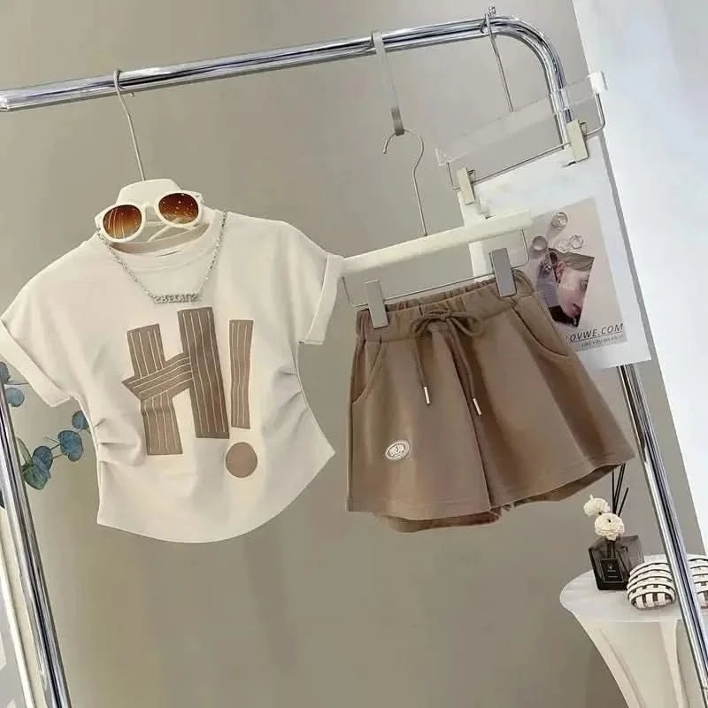 Girls Clothes Sets 2024 Summer Children Short-sleeved Suit Teenage Girls Letter T-shirt Shorts Tracksuit Outfit Clothing Set - M & M Global