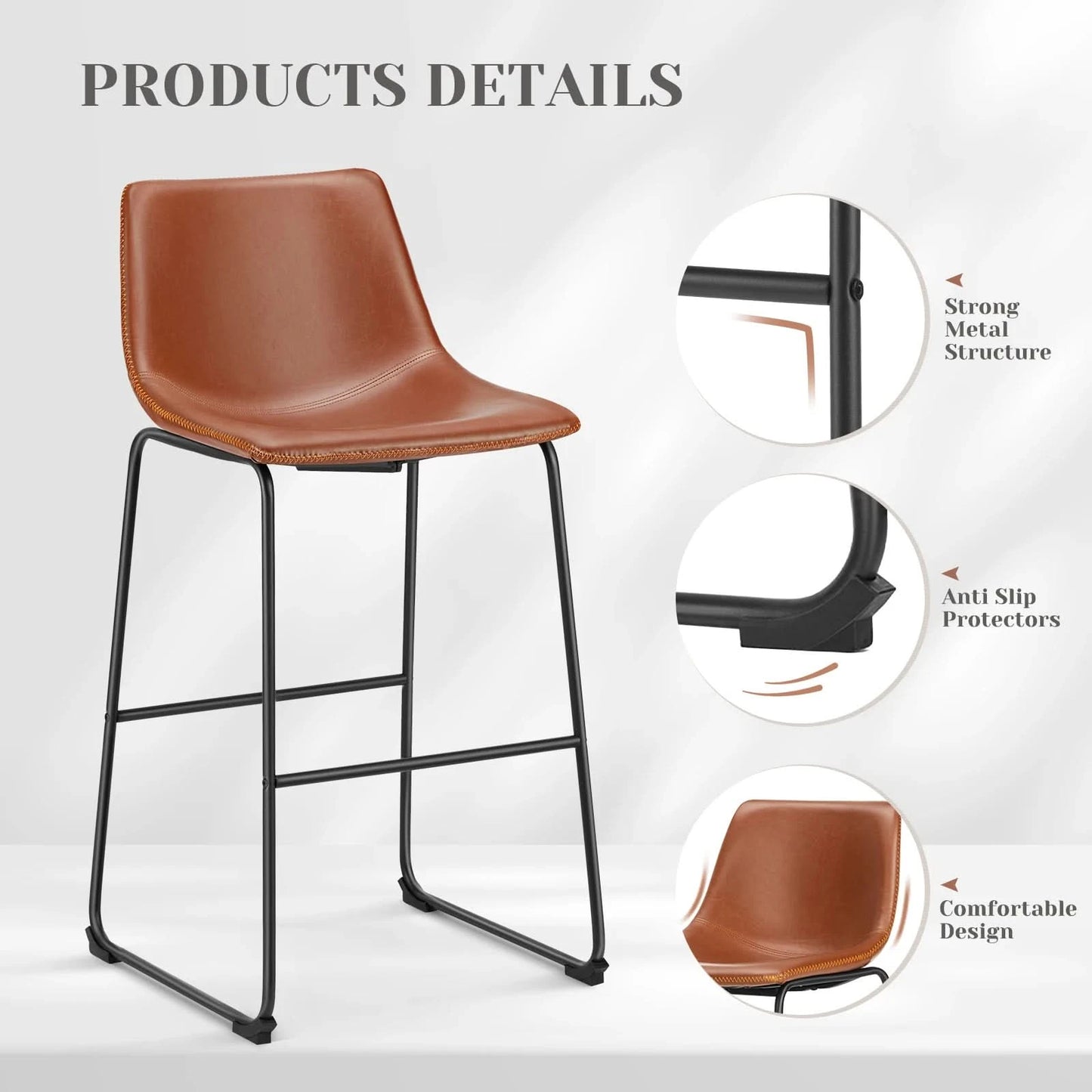 JHK Leather Modern Bar Bench 2-piece Set Armless Metal Leg Brown Bar Bench with Backrest Home Chair Living Room Furniture
