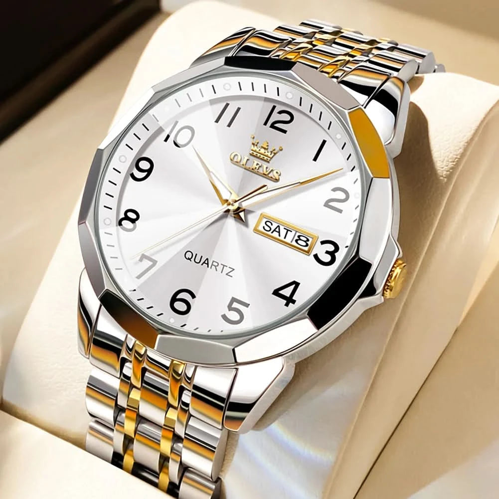 OLEVS Men's Watches Causal Fashion Original Quartz Watch for Man Waterproof Stainless Steel Luminous Date Week Trend Dress Reloj - M & M Global
