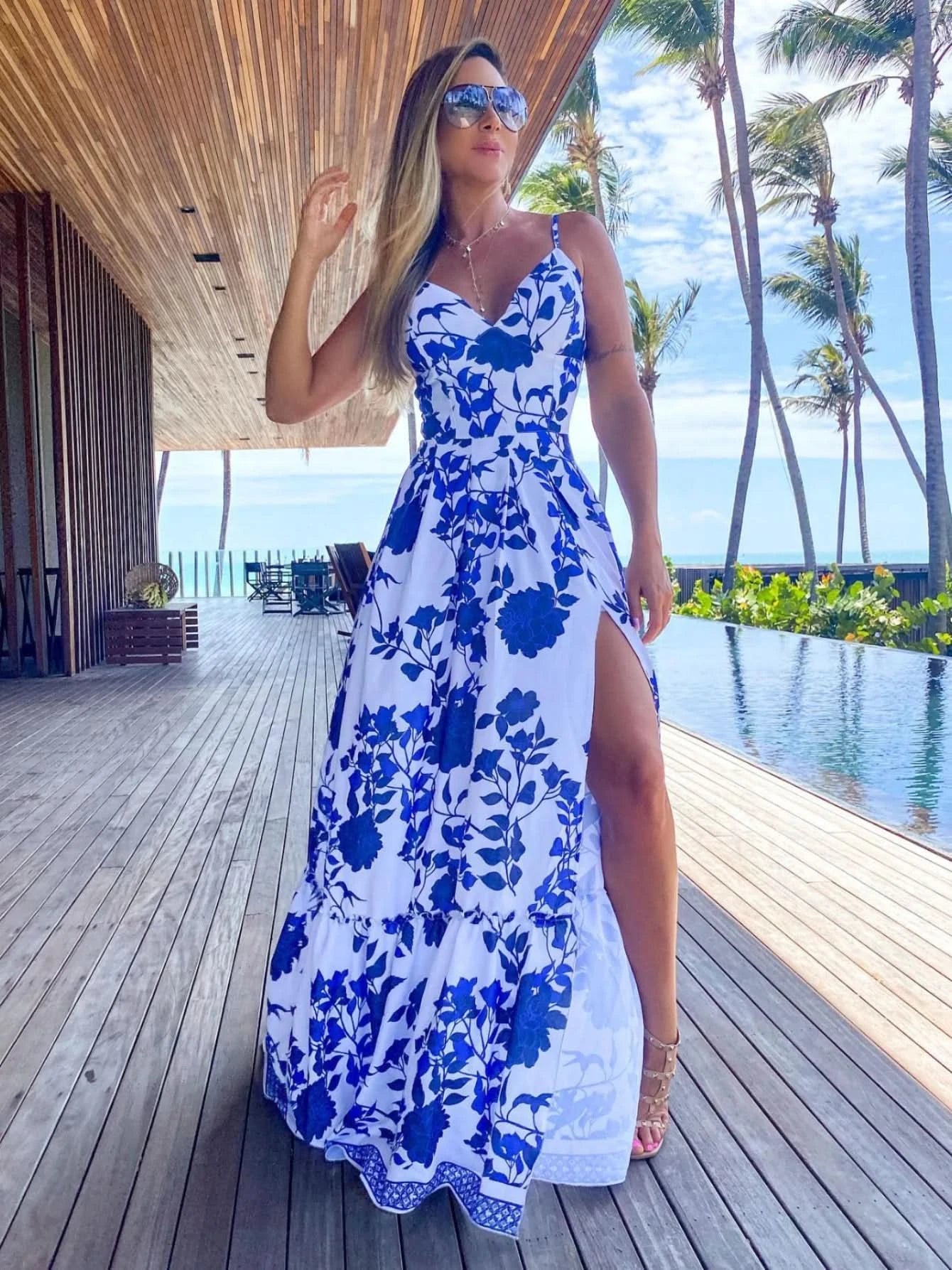 Summer Print Long Dress Women Clothing Lace Up Sling Party Dresses Pattern Strappy Ladies Hollow Out V-Neck Beach Vestidos - M & M Global