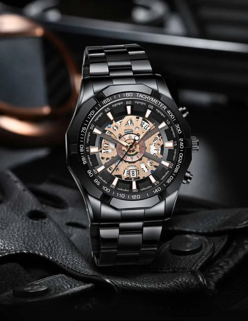 BINBOND Mens Quartz Watches Top Brand Luxury Stainless Steel Waterproof Hollow Out Blue Big Male Wristwatches Relogio Masculino - M & M Global