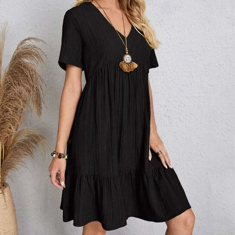 2025 Loose V-neck Short Sleeved Pleated Women Dress Solid Color A-line Beach Dresses Elegant Simple Comfortable Woman Clothing - M & M Global