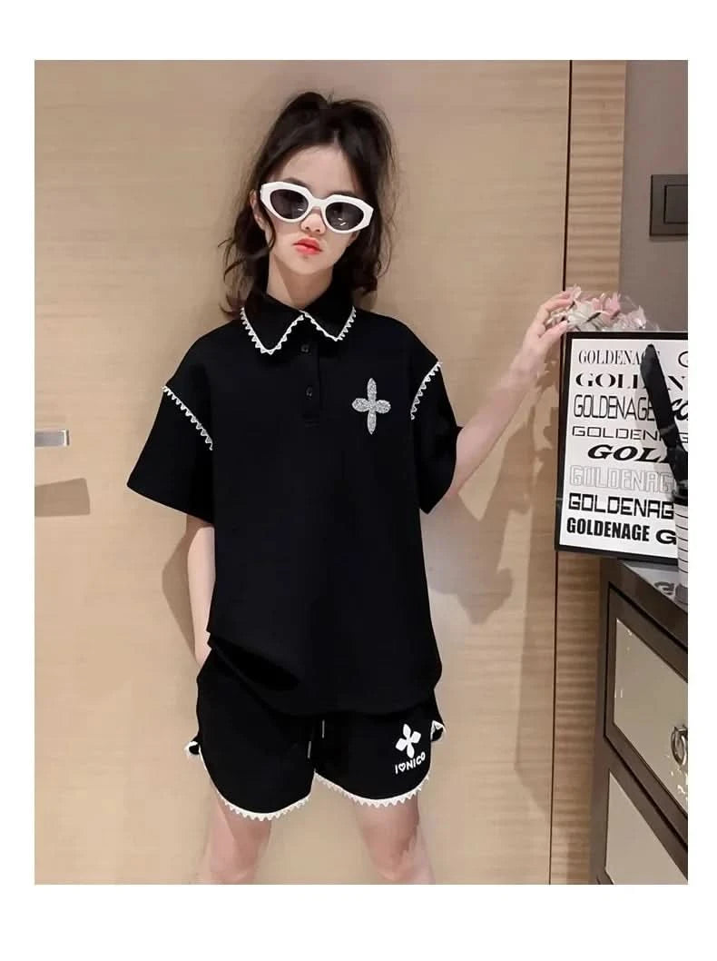 Girls Summer Polo Shirt Set Ruffle Collar T-Shirt Shorts Two-Piece Korean Style Mid-Big Children Fashionable Clothing - M & M Global