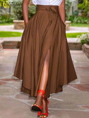 ZANZEA 2024 Summer Women Party Split Sundress Stylish Irregular Skirts High Waist Maxi Vestidos Solid Robe Saia Holiday Faldas