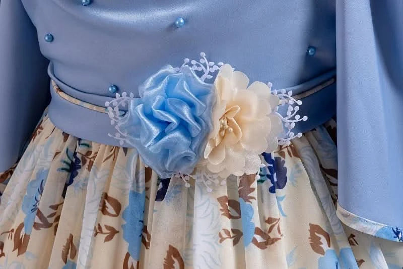 Girls flower pearl long sleeved princess dress 4-12 years old elegant bow printed long dress carnival birthday party performance - M & M Global