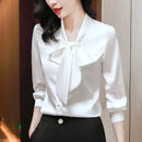 Elegant Pure Color Long Sleeve Women's Shirt with Bow Tie Single Button Open Cardigan Spring Autumn Fashionable Ageless