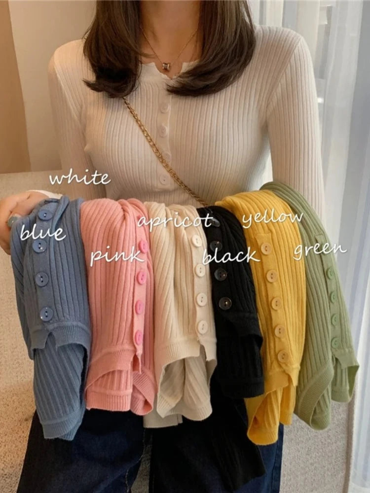 2025 Knitted Women Sweater Button O-neck Pullovers Spring Autumn Basic Sweaters for Female Pullover Slim Solid Bold Stripes Tops