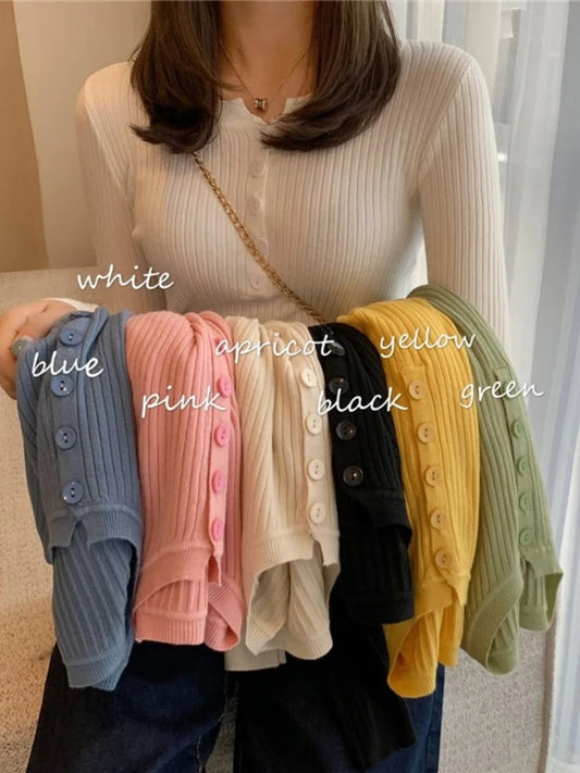 2025 Knitted Women Sweater Button O-neck Pullovers Spring Autumn Basic Sweaters for Female Pullover Slim Solid Bold Stripes Tops