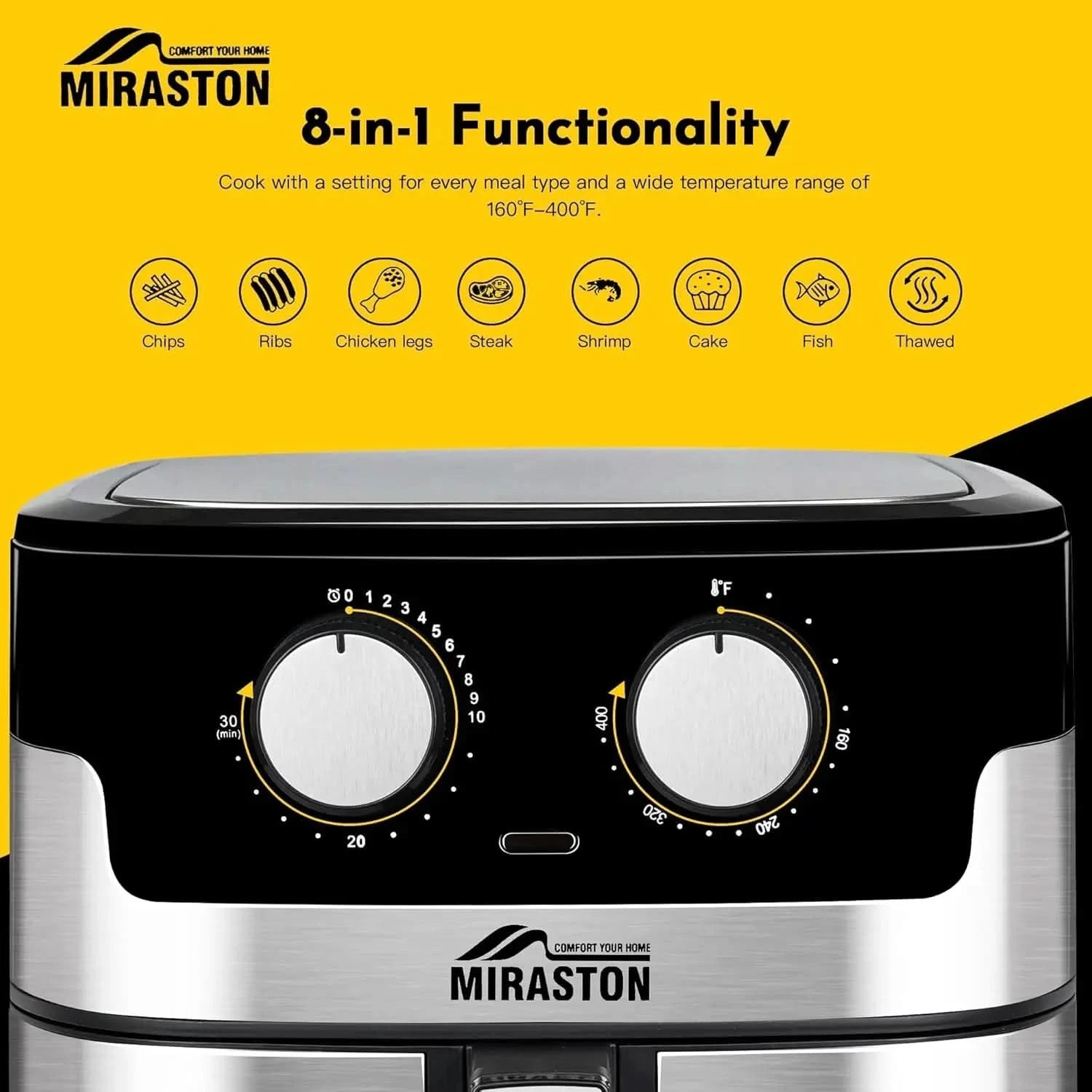 8.5QT Air Fryer, Upgraded Family Size Capacity, Visual Window, Square Basket Dials Stainless Steel Air Fryers, Reheat Leftovers, - M & M Global