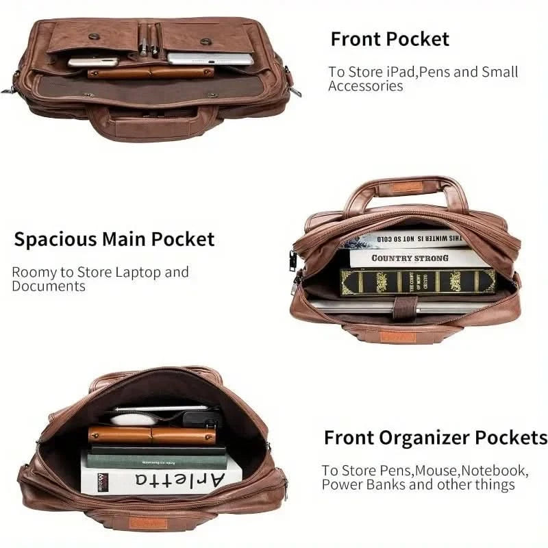 Vintage Messenger Bag for Men 17 Inch Laptop Briefcase Multi Pocket Faux Leather Shoulder Bag Business Crossbody Bag Travel - M & M Global