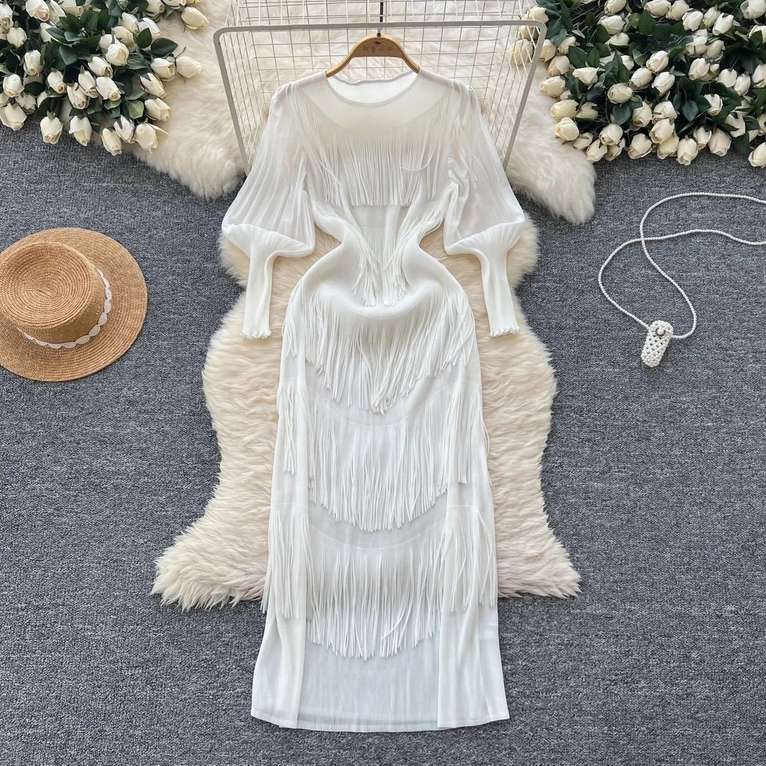 Vintage O-Neck Elegant Long Lantern Sleeve Chic Tassel Slim Long Dress French Fashion Evening High Street Autumn Winter Clothing - M & M Global