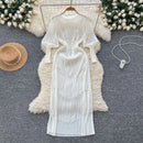 Vintage O-Neck Elegant Long Lantern Sleeve Chic Tassel Slim Long Dress French Fashion Evening High Street Autumn Winter Clothing - M & M Global