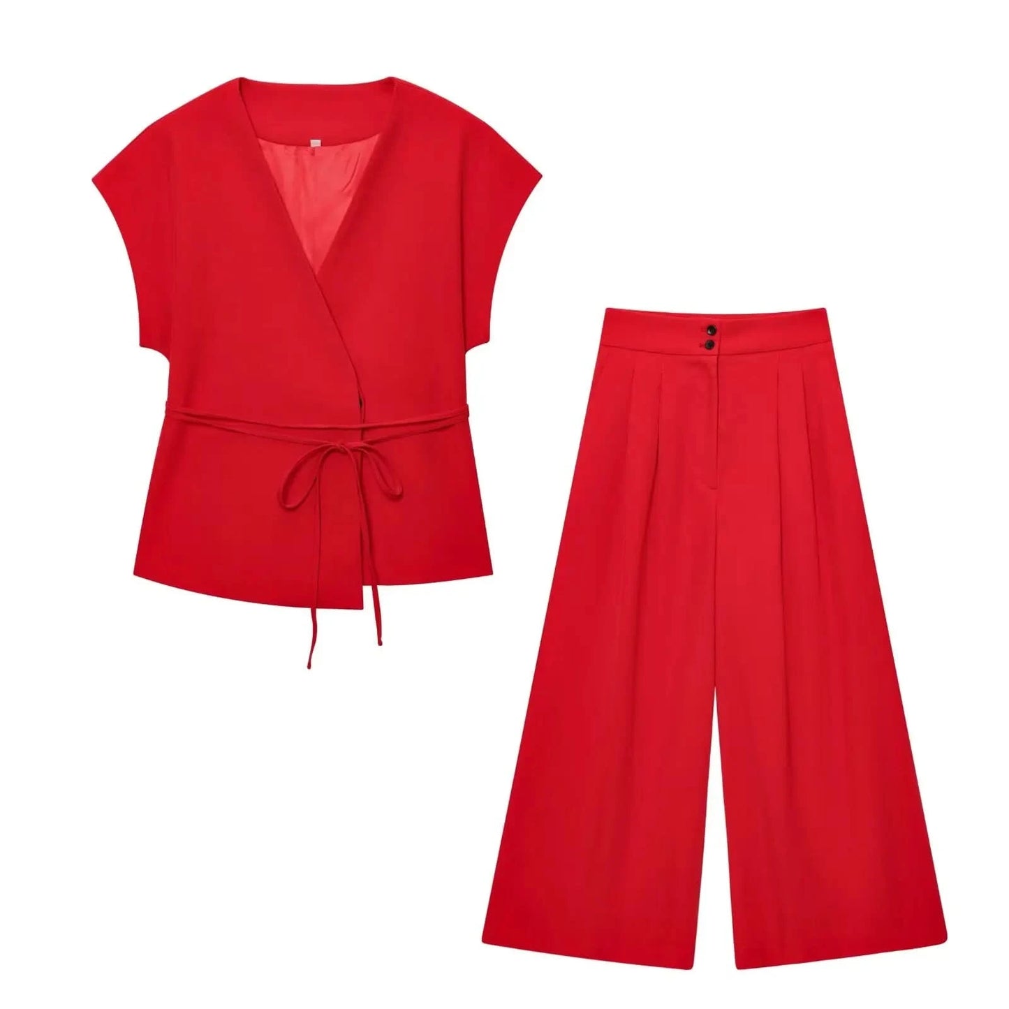 TFMLN Fashion Women's Trouser Suits Sleeveless V-Neck Top With Belt Straight Pants Sets 2025 Spring Summer Commuter 2 Piece Set - M & M Global