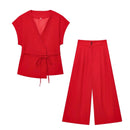TFMLN Fashion Women's Trouser Suits Sleeveless V-Neck Top With Belt Straight Pants Sets 2025 Spring Summer Commuter 2 Piece Set - M & M Global