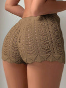 Polyester100.00% Hollow Drawstring Open Waist Knitted Bikini Blocked Women's Shorts - M & M Global