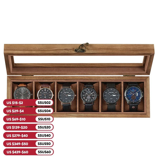SONGMICS 6-slot wooden watch box with glass lid displaying watch collection.