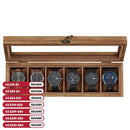 SONGMICS 6-slot wooden watch box with glass lid displaying watch collection.