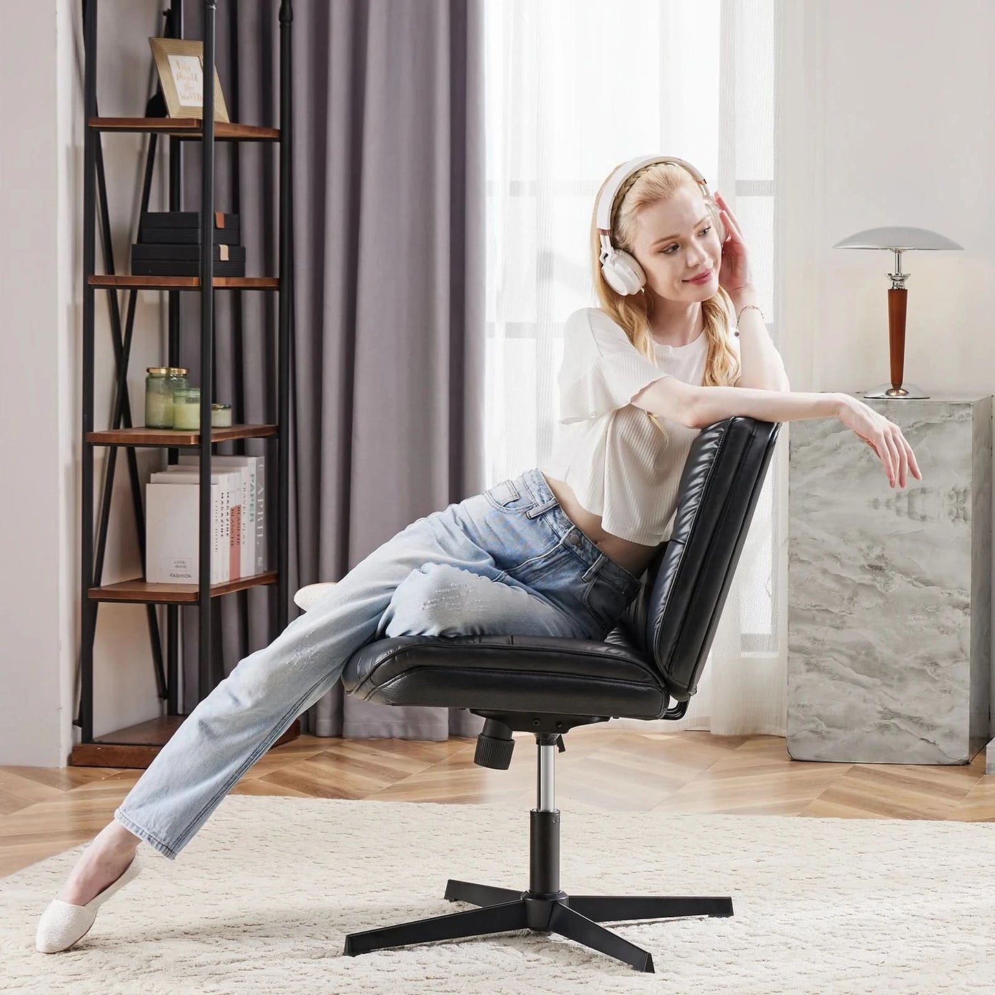JHK PU Leather Cross Legged Office Chair Armless Desk Chair with Dual-Purpose Base Adjustable Swivel Fabric Task Vanity Home