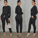 New round Neck Long Sleeve Slim Fit Warm Top Elastic Waistband Lace-up Trousers Simple Solid Color Sports Two-Piece Set
