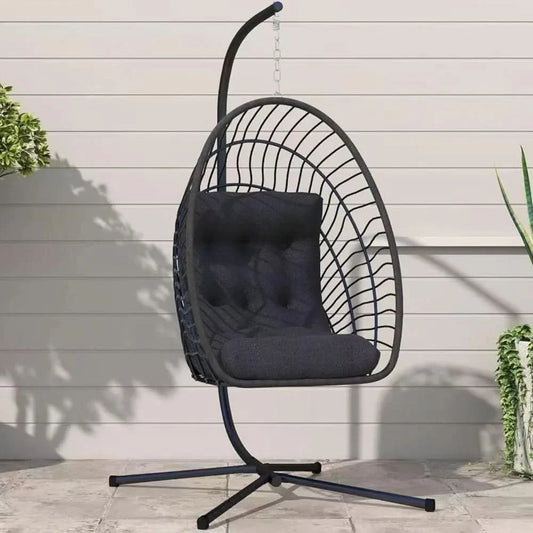 Hanging Egg Chair with Stand Indoor Outdoor, Foldable Rattan Wicker Hammock Egg Swing Chair for Bedroom Porch Patio Garden