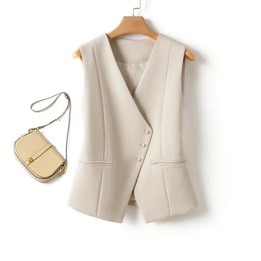 Solid Color Short Vest Women's Spring & Fall Fashion V Neck Diagonal Button Versatile Workplace Elegant Vest Jacket Top - M & M Global