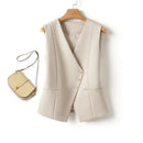 Solid Color Short Vest Women's Spring & Fall Fashion V Neck Diagonal Button Versatile Workplace Elegant Vest Jacket Top - M & M Global