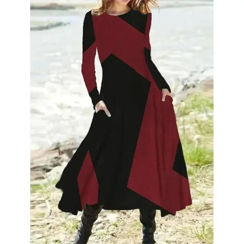 Long Dress Casual Eid Style Retro Autumn and Winter Long Sleeved Oversized Swing Maxi Dresses Patchwork Streetwear Vestidos - M & M Global