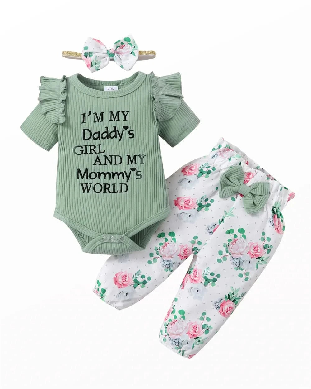 Newborn Baby Girl 3PCS Clothes Set Letters Short Sleeve Romper+Flowers Pant+Bowknot Headband Summer Lovely Outfit - M & M Global