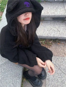 Thickened Loose Hooded Sweatshirt in Black with Embroidery Lambskin Imitation for Autumn And Winter Trendy Streetwear for Girls